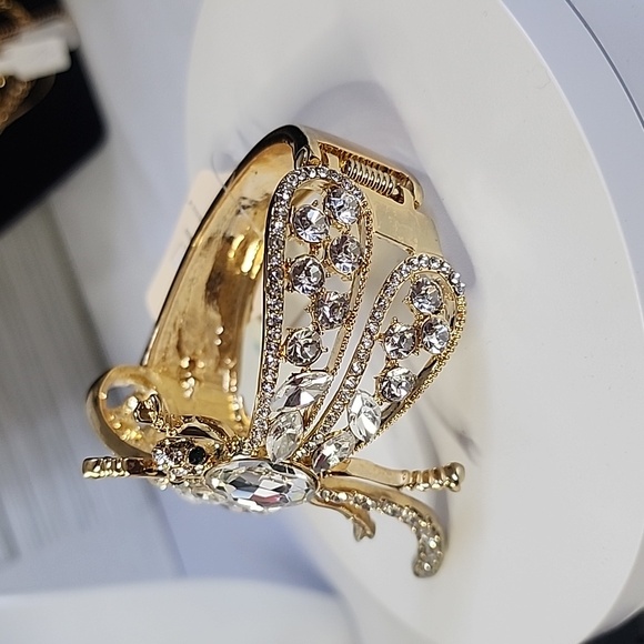 Gold Statement Hinge/ Clamper Bangle Bracelet Dragonfly with Clear Crystals New - Picture 5 of 8